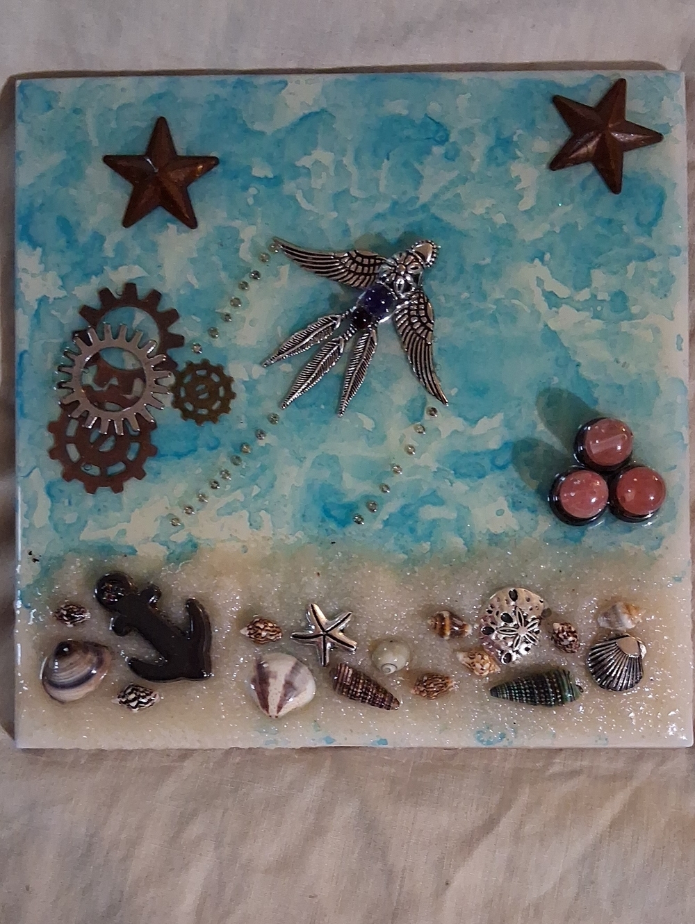 Coastal Blue Mixed-Media Wall Art with Metal Accents